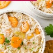 Chicken Rice Soup Pinterest graphic with text and photos.