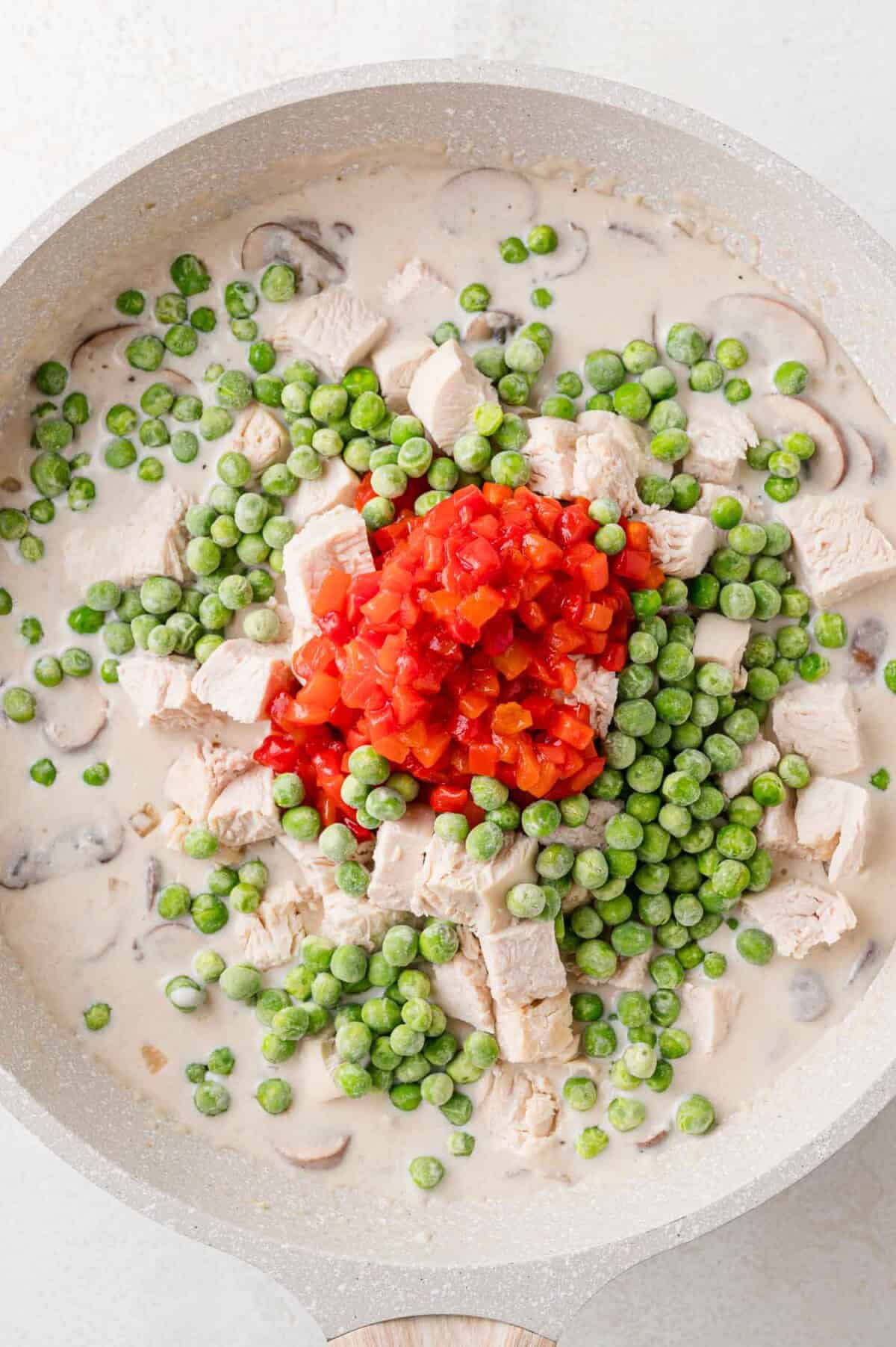 Peas, pimentos, and chicken added to pan.