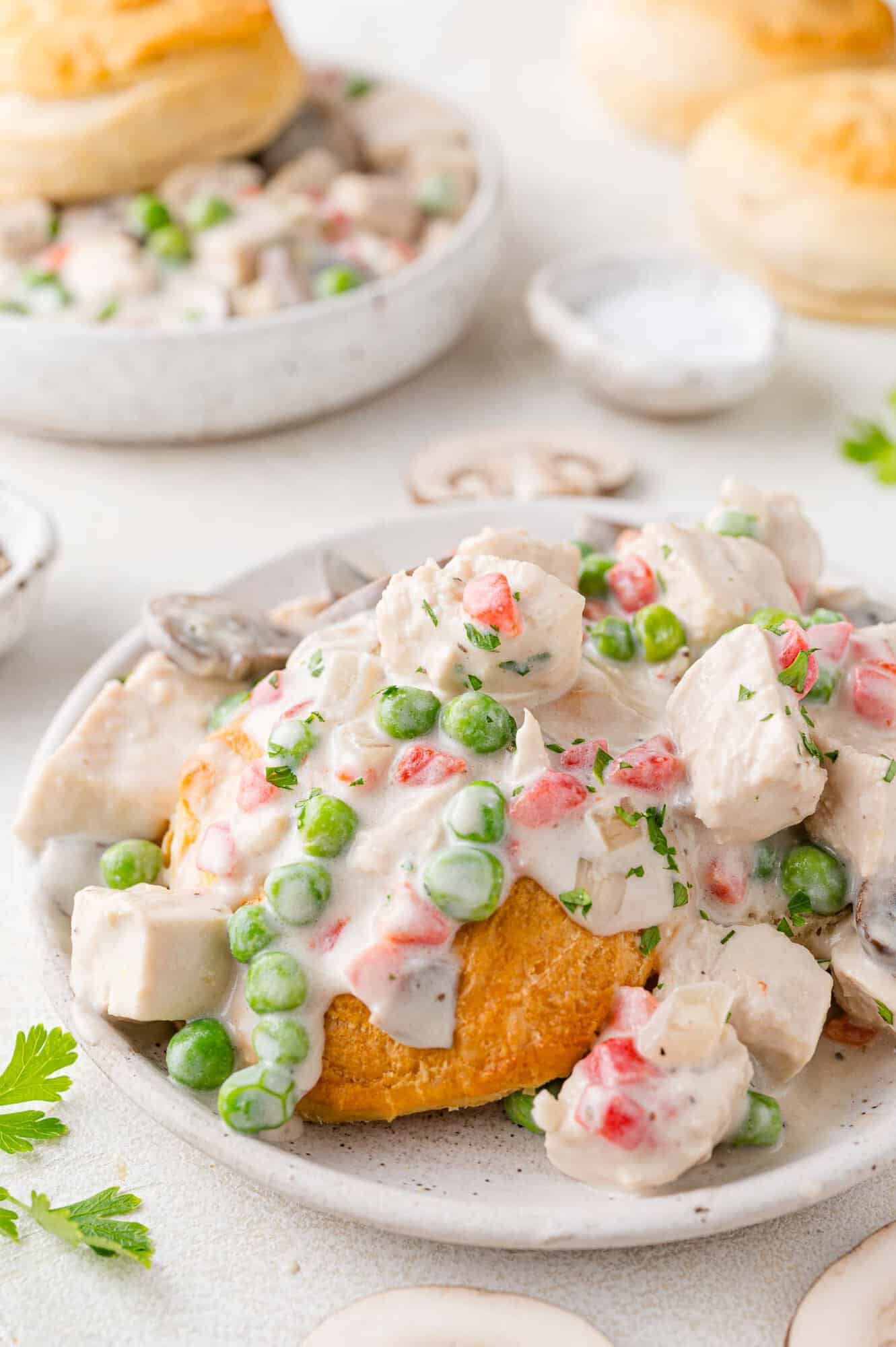 Chicken a la king, served over biscuits on a white plate.