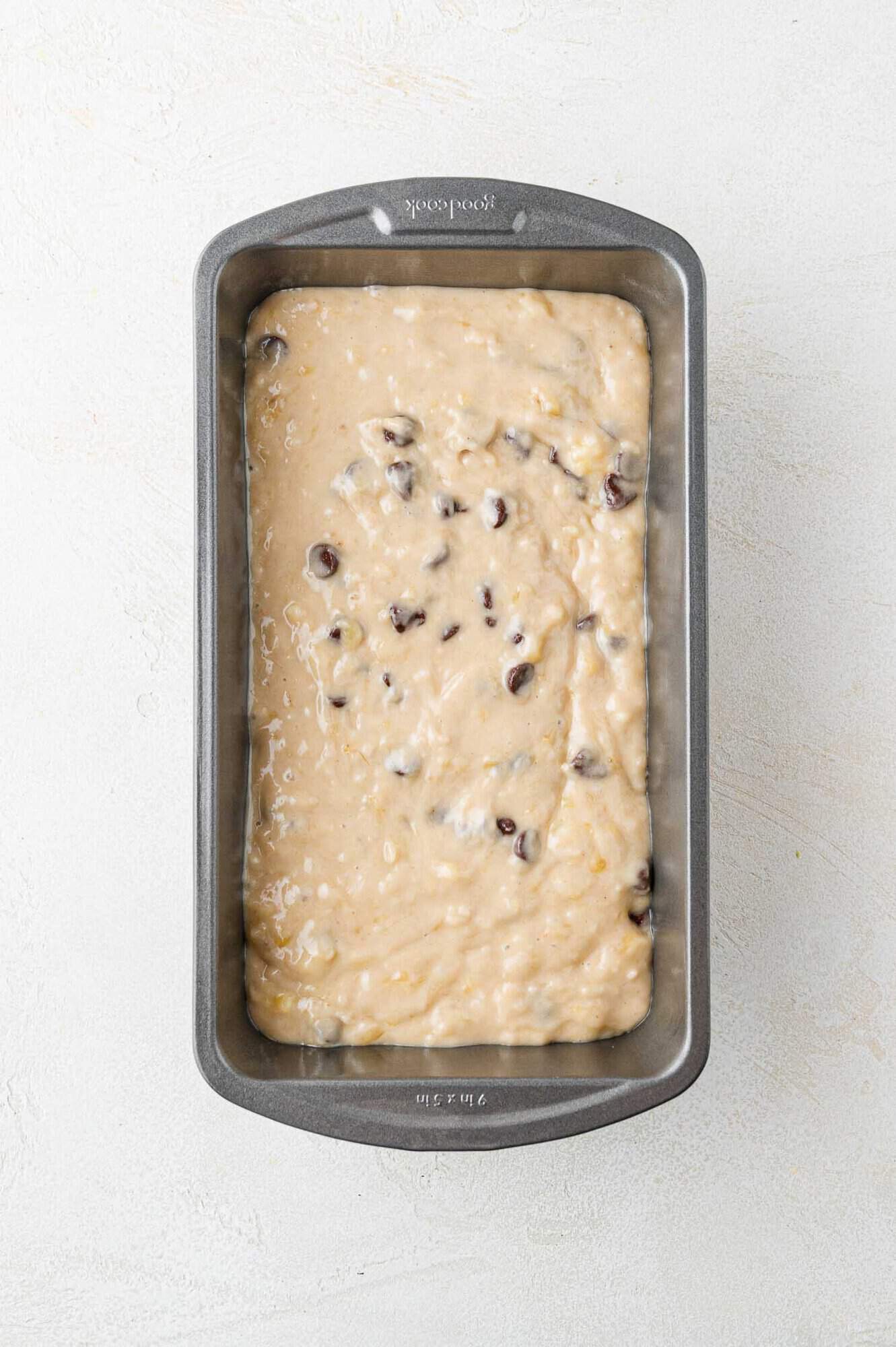 Batter spread into loaf pan, not yet baked.