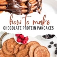 Chocolate Protein Pancakes Pinterest graphic with text and photos.