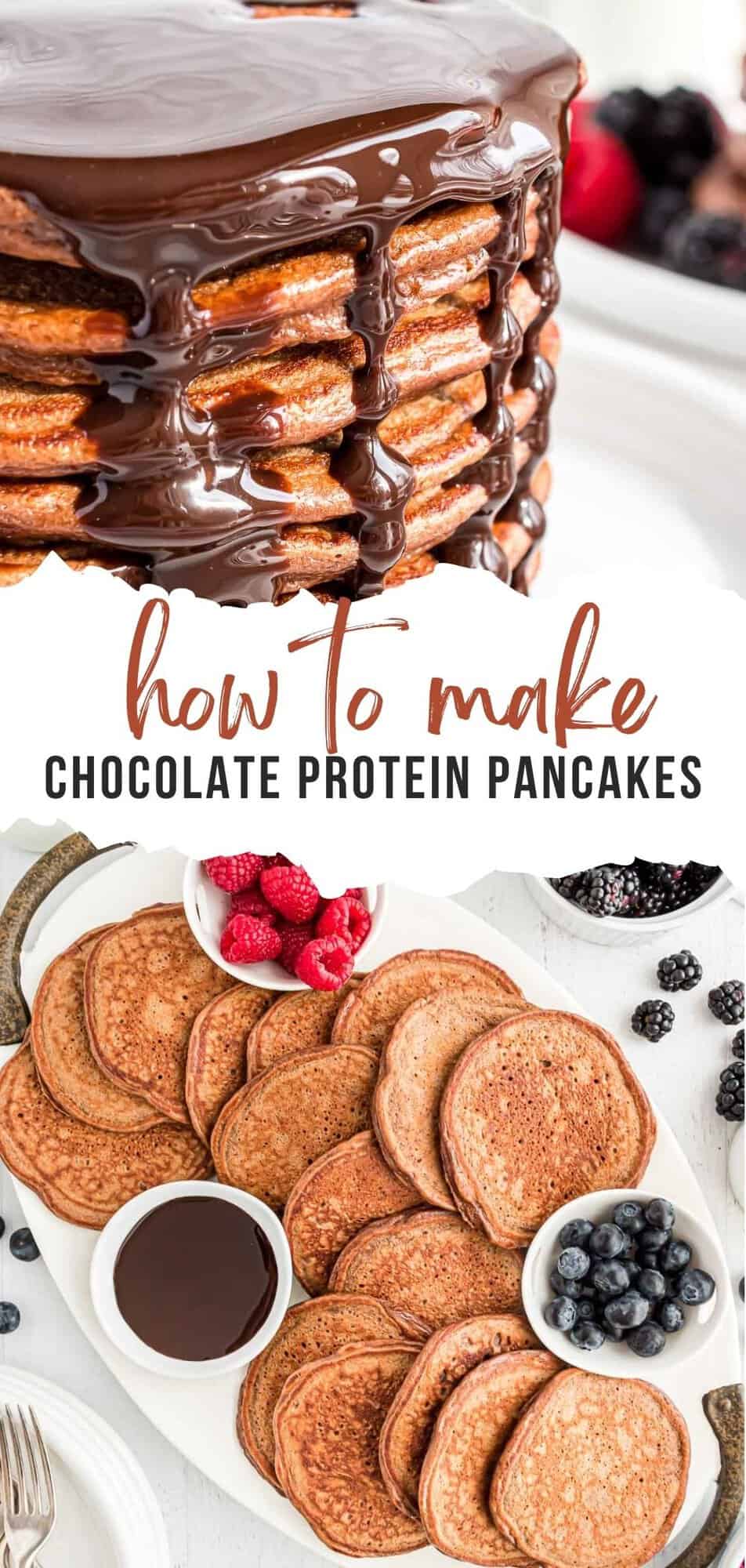 Chocolate Protein Pancakes Pinterest graphic with text and photos.