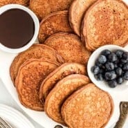 Chocolate Protein Pancakes Pinterest graphic with text and photos.