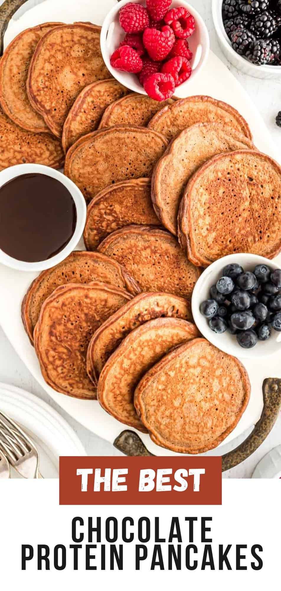 Chocolate Protein Pancakes Pinterest graphic with text and photos.