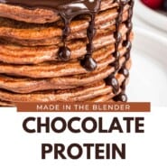 Chocolate Protein Pancakes Pinterest graphic with text and photos.