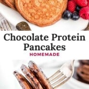 Chocolate Protein Pancakes Pinterest graphic with text and photos.