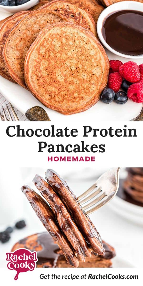 Chocolate Protein Pancakes Pinterest graphic with text and photos.
