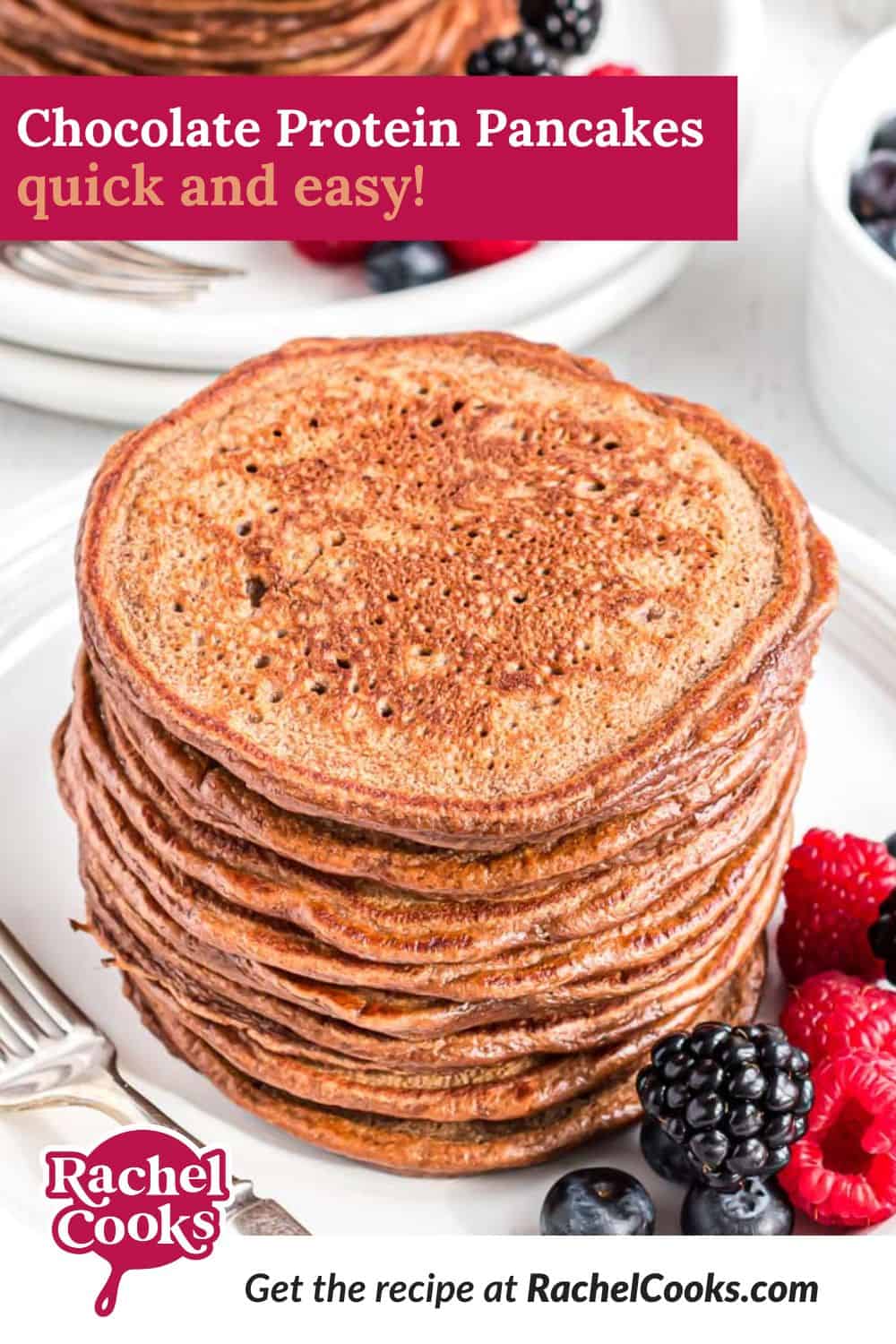 Chocolate Protein Pancakes Pinterest graphic with text and photos.
