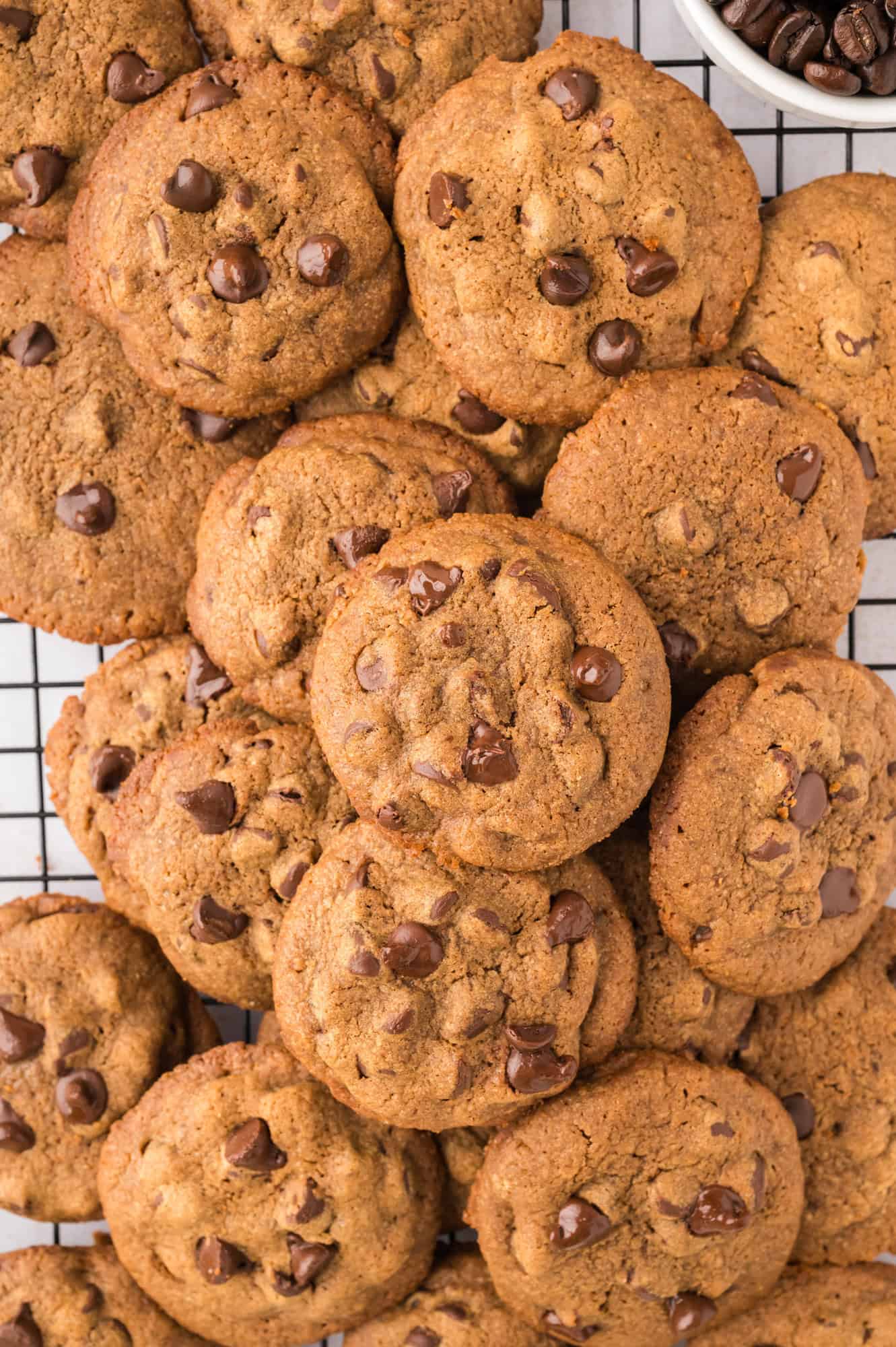 Cookies, stacked up on cooling rack.