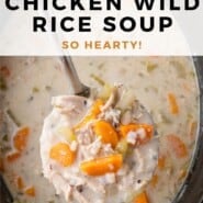 Crockpot Chicken Wild Rice Soup Pinterest graphic with text and photos.