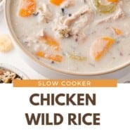 Crockpot Chicken Wild Rice Soup Pinterest graphic with text and photos.