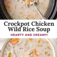Crockpot Chicken Wild Rice Soup Pinterest graphic with text and photos.