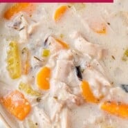 Crockpot Chicken Wild Rice Soup Pinterest graphic with text and photos.