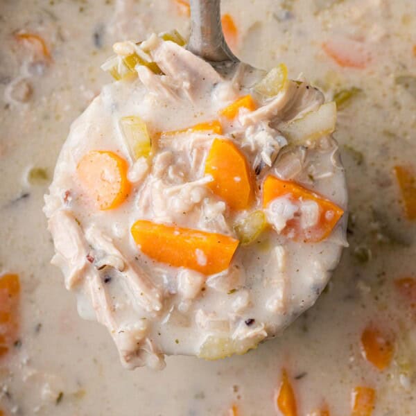 Ladle full of crockpot chicken wild rice soup.