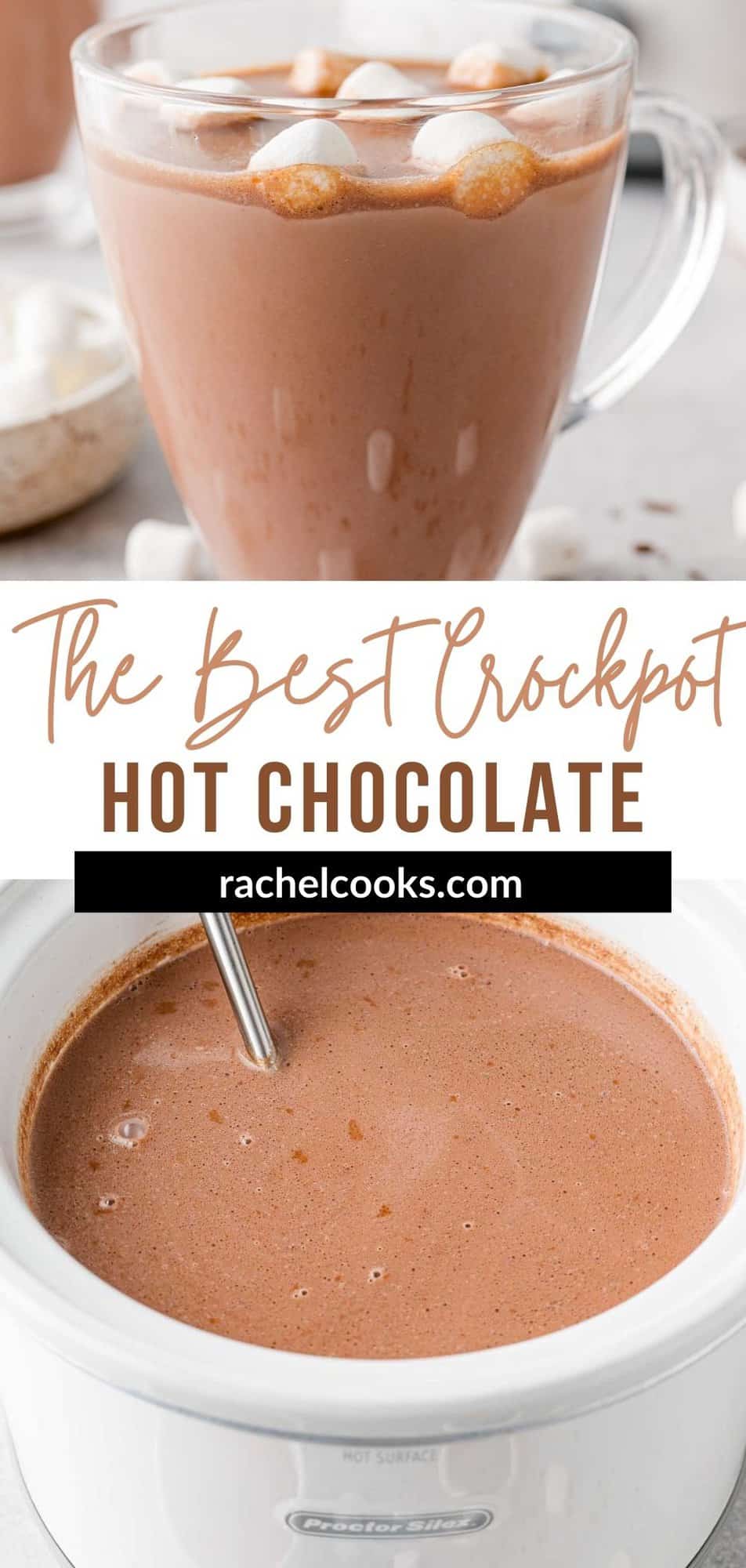 Crockpot Hot Chocolate Pinterest graphic with text and photos.