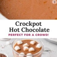 Crockpot Hot Chocolate Pinterest graphic with text and photos.