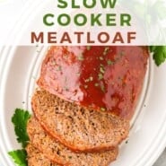 Crockpot Meatloaf Pinterest graphic with text and photos.