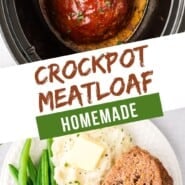 Crockpot Meatloaf Pinterest graphic with text and photos.