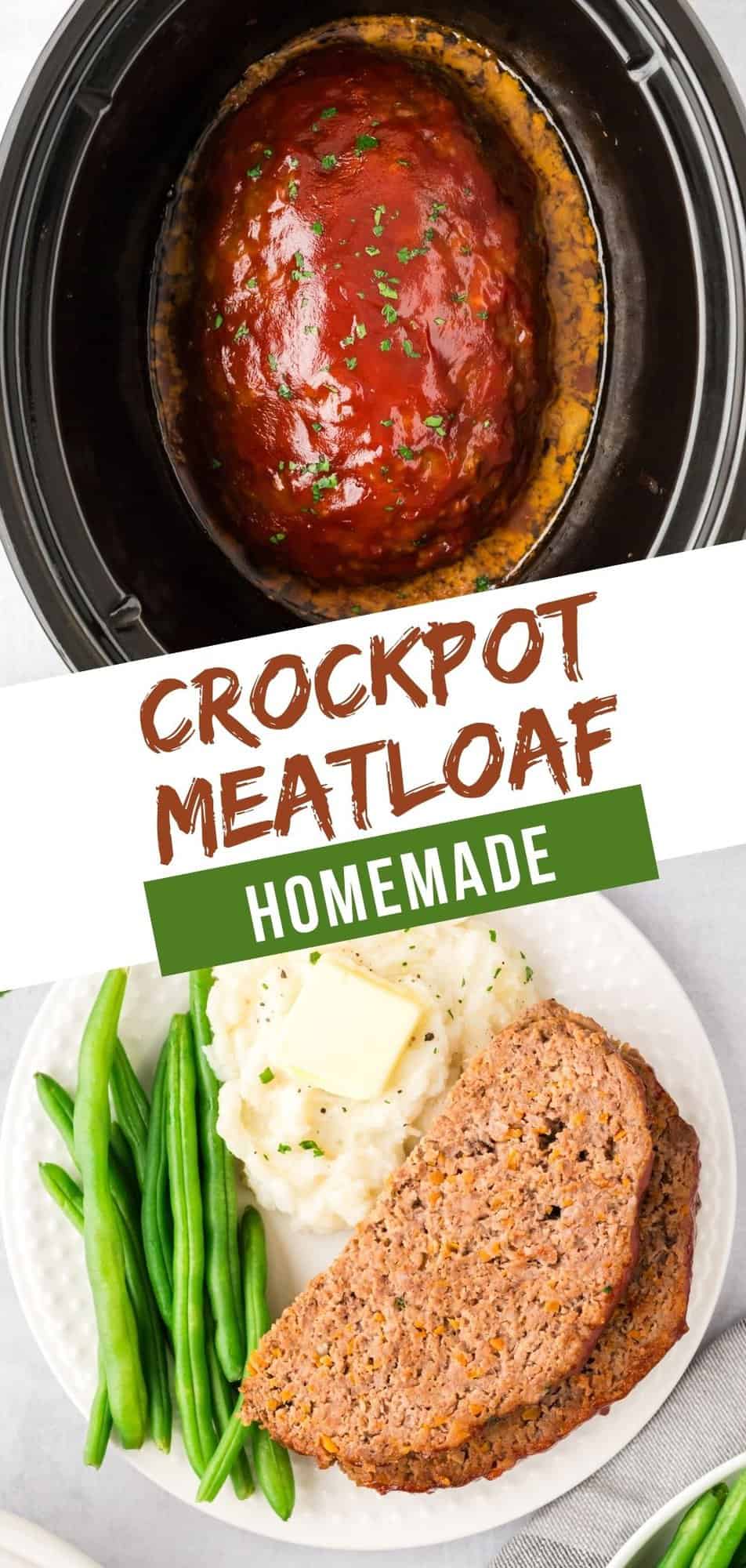 Crockpot Meatloaf Pinterest graphic with text and photos.