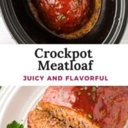 Crockpot Meatloaf Pinterest graphic with text and photos.