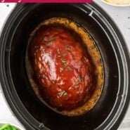 Crockpot Meatloaf Pinterest graphic with text and photos.