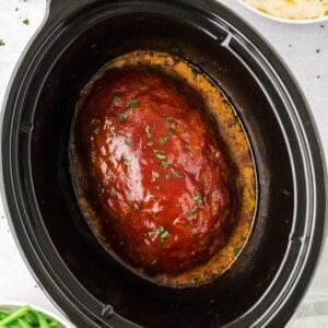 Crockpot meatloaf with glaze, still in crockpot.