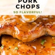 Honey Garlic Pork Chops Pinterest graphic with text and photos.