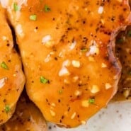 Honey Garlic Pork Chops Pinterest graphic with text and photos.