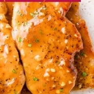 Honey Garlic Pork Chops Pinterest graphic with text and photos.