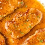Honey garlic pork chops still in pan.