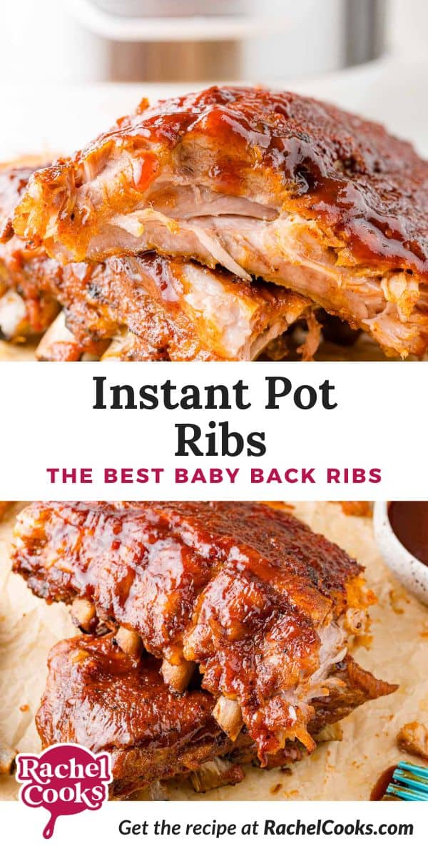 Instant Pot Ribs Pinterest graphic with text and photos.