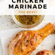 Lemon Pepper Chicken Marinade Pinterest graphic with text and photos.