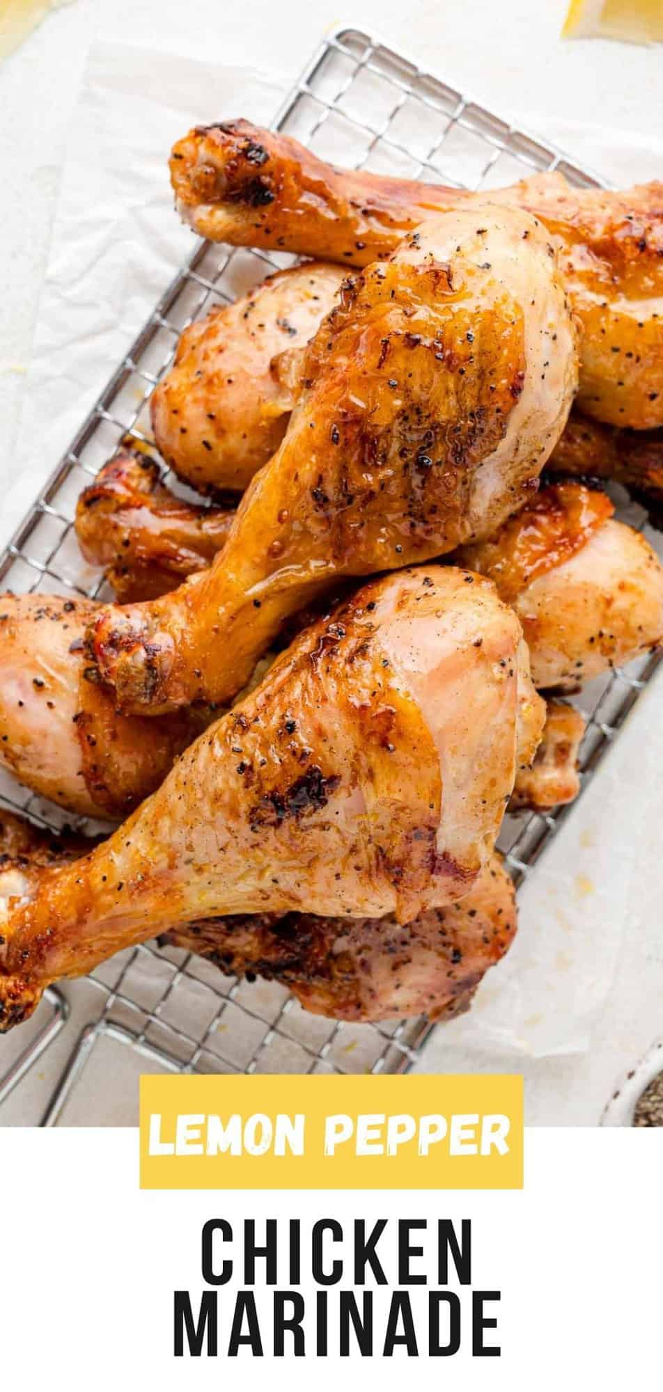 Lemon Pepper Chicken Marinade Pinterest graphic with text and photos.