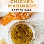 Lemon Pepper Chicken Marinade Pinterest graphic with text and photos.