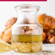 Lemon Pepper Chicken Marinade Pinterest graphic with text and photos.