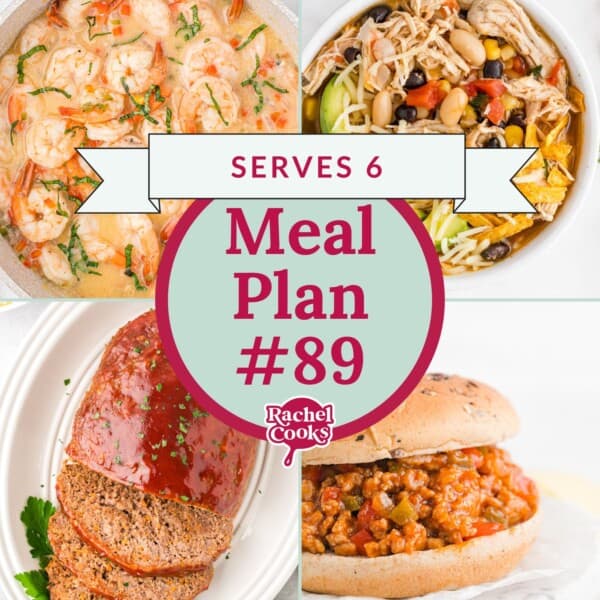 Meal plan 89, a meal plan for 6, preview image with photos of recipes included.