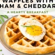 Savory Waffles with Ham and Cheddar Pinterest graphic with text and photos.