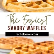 Savory Waffles with Ham and Cheddar Pinterest graphic with text and photos.