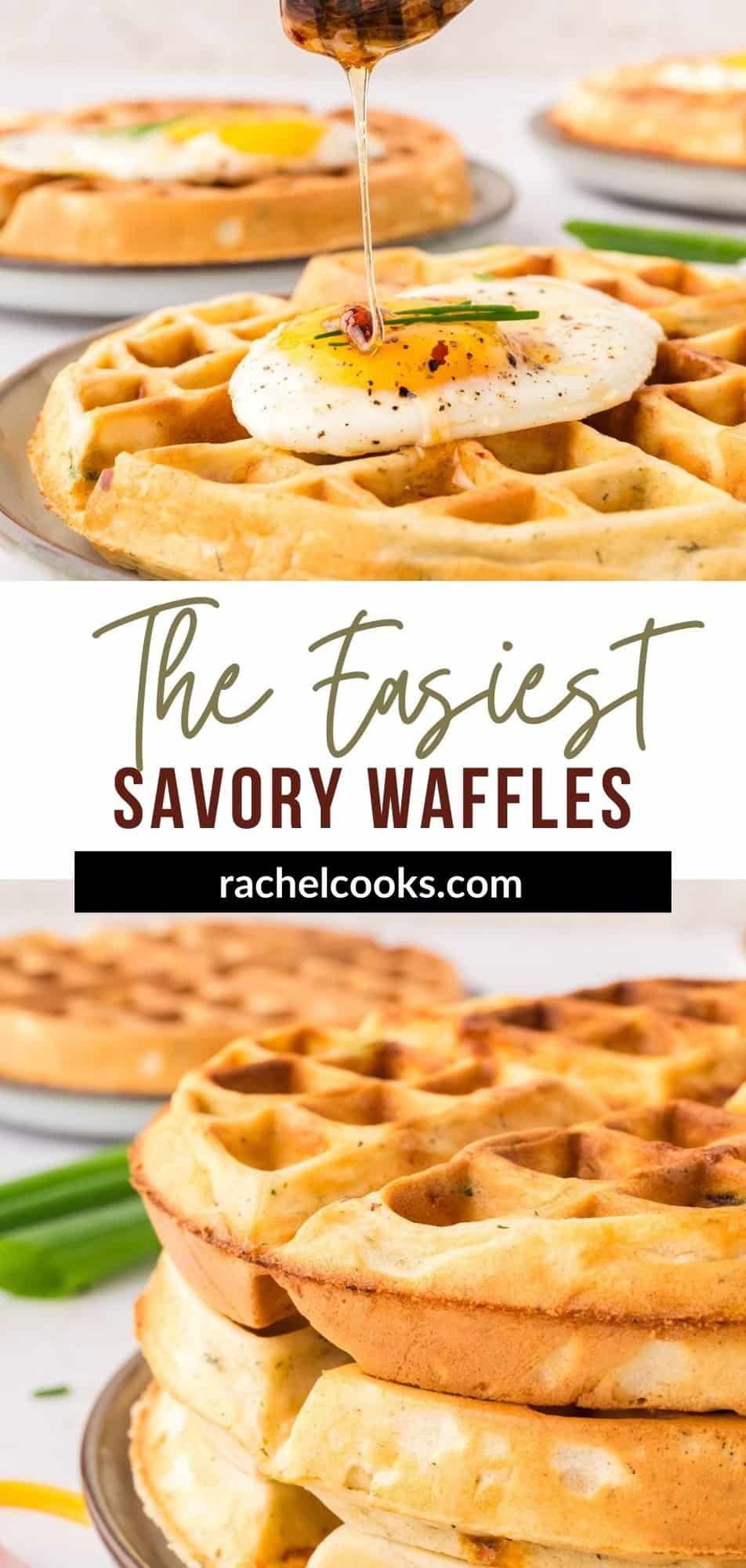 Savory Waffles with Ham and Cheddar Pinterest graphic with text and photos.