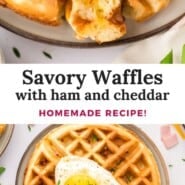 Savory Waffles with Ham and Cheddar Pinterest graphic with text and photos.