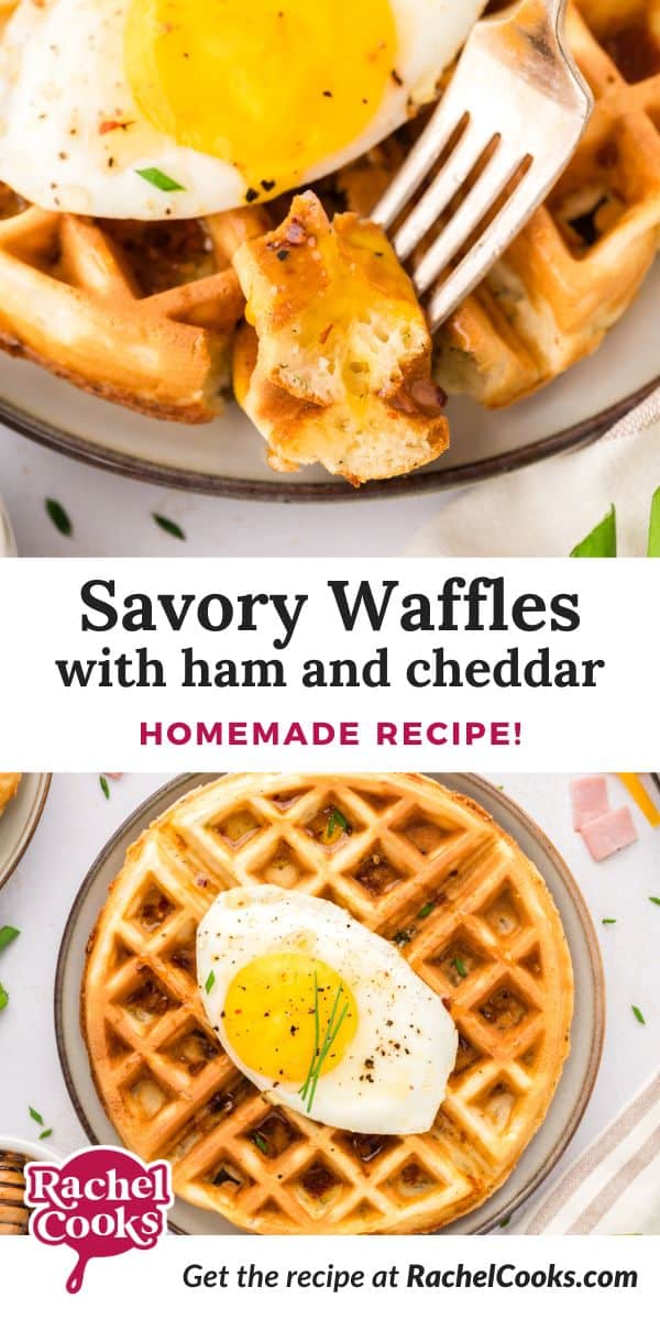 Savory Waffles with Ham and Cheddar Pinterest graphic with text and photos.