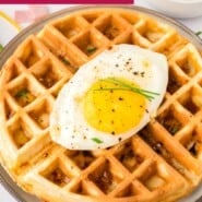 Savory Waffles with Ham and Cheddar Pinterest graphic with text and photos.