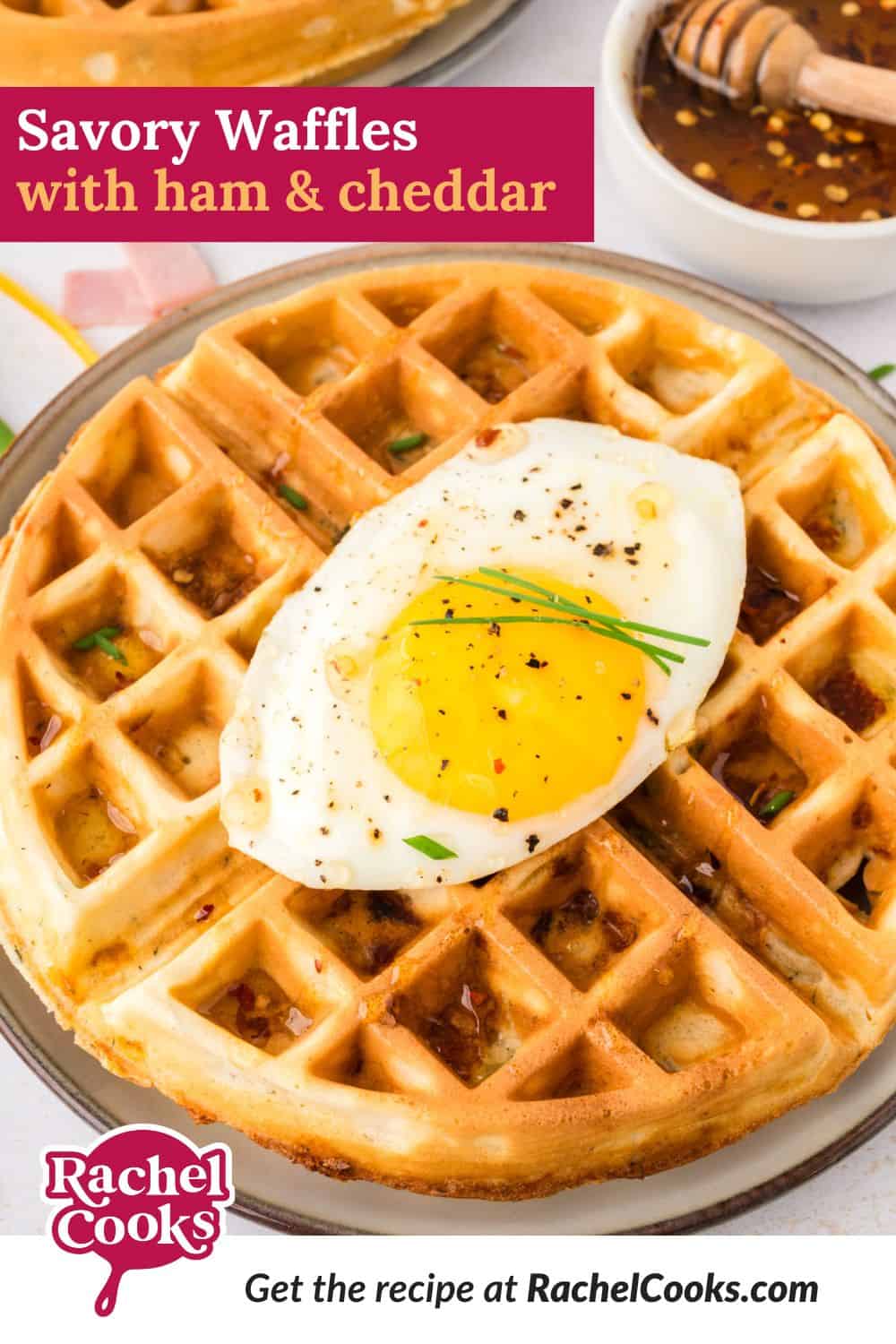 Savory Waffles with Ham and Cheddar Pinterest graphic with text and photos.