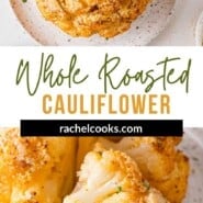 Whole Roasted Cauliflower Pinterest graphic with text and photos.