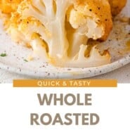 Whole Roasted Cauliflower Pinterest graphic with text and photos.