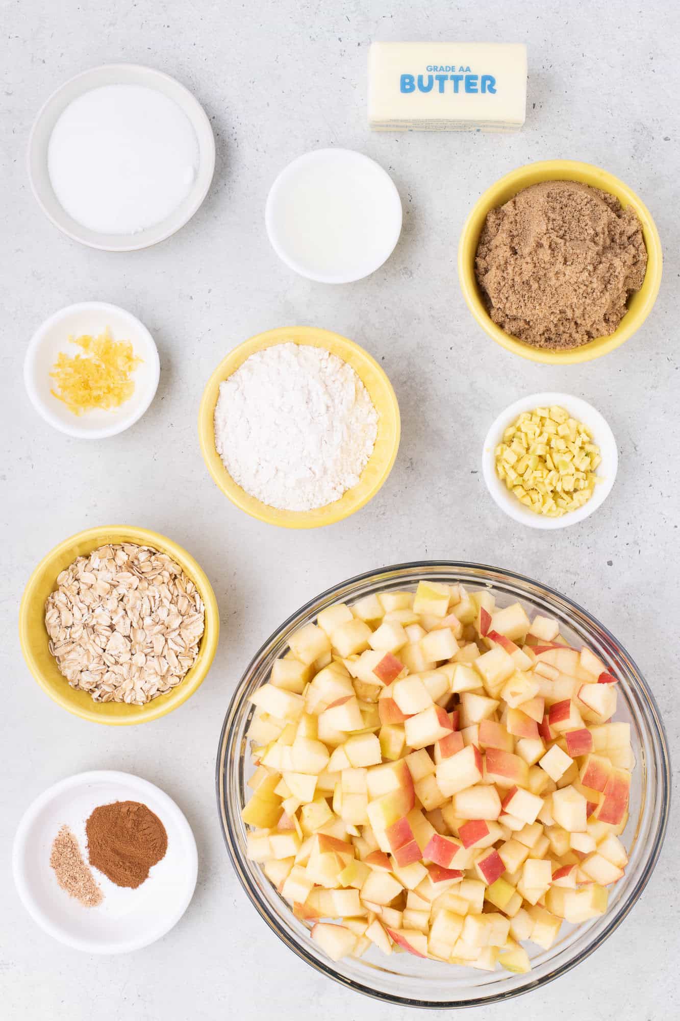 Overhead view of ingredients needed for apple crisp.