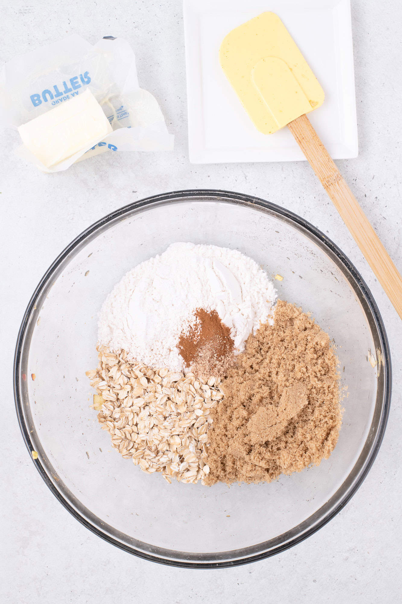 Dry ingredients for topping, not yet mixed together.