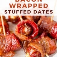 Bacon Wrapped Dates Pinterest graphic with text and photos.