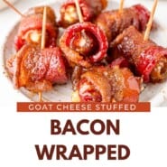 Bacon Wrapped Dates Pinterest graphic with text and photos.