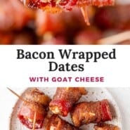 Bacon Wrapped Dates Pinterest graphic with text and photos.